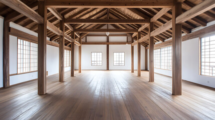 A photo of the interior of an open plan house in Japan, with white walls and wooden beams on the ceiling, a wood floor