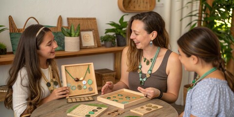 Fototapeta premium Three women are smiling while creating sustainable jewelry using recycled materials, showcasing eco conscious crafting and entrepreneurship