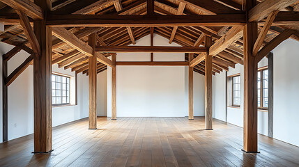 A photo of the interior of an open plan house in Japan, with white walls and wooden beams on the ceiling, a wood floor