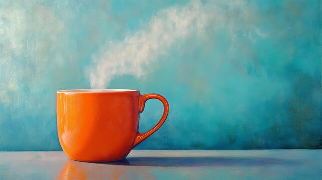 A vibrant orange coffee mug emanates warm steam against a serene azure backdrop, beckoning you to indulge in a tranquil respite. 