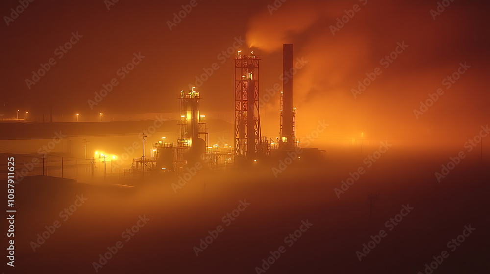 Poster an oil pump and refinery illuminated at night with fog, creating a dramatic scene that underscores t
