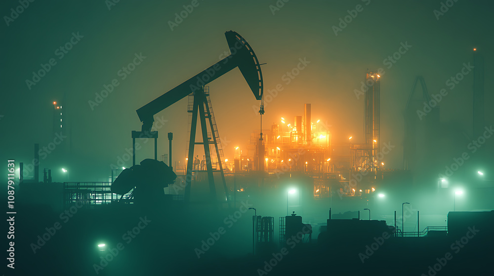 Poster an oil pump and refinery illuminated at night with fog, creating a dramatic scene that underscores t