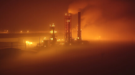 An oil pump and refinery illuminated at night with fog, creating a dramatic scene that underscores the energy sector's challenges