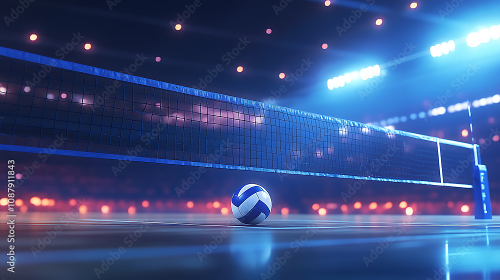 Poster another view of a volleyball ball and net in an arena during a match, depicted in a 3d illustration,