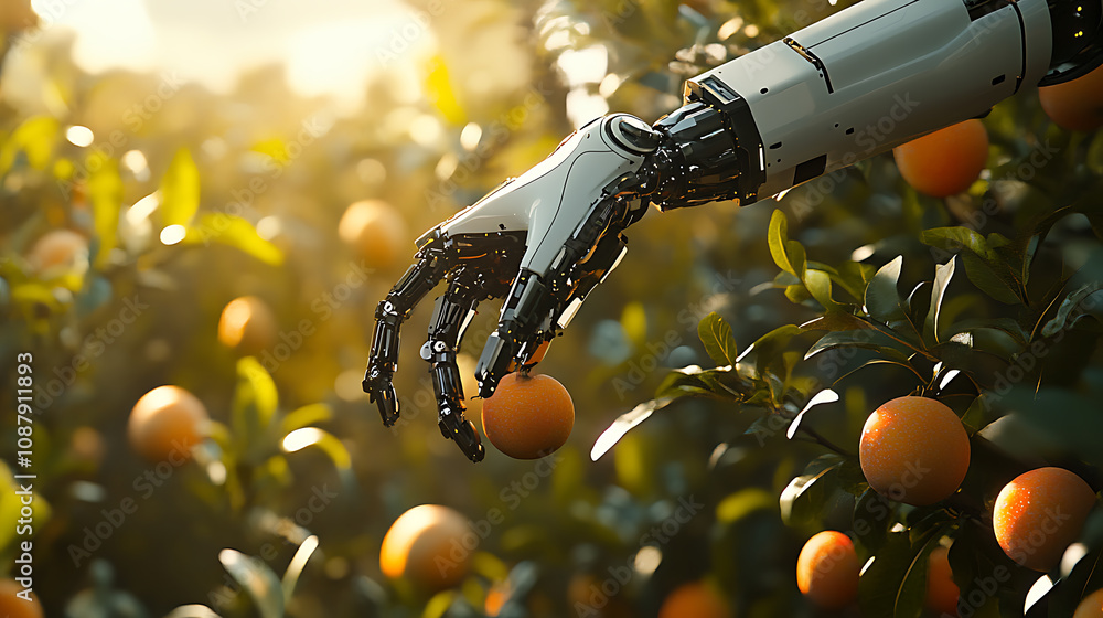 Aufkleber An advanced robotic arm equipped with sensors and AI technology selectively picking ripe fruit from a tree in an orchard, showcasing precision and efficiency in modern smart agriculture practices