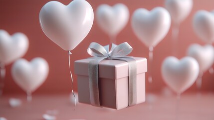 A gift box with a silver ribbon, soaring on white heart-shaped balloons
