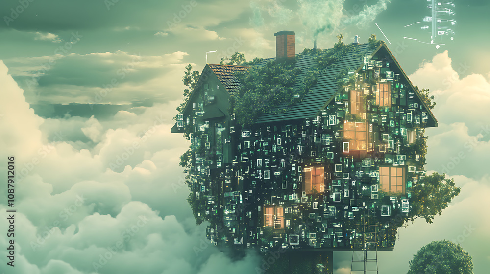 Poster Banner concept for a smart home technology system, illustrating a home made of digits connected with domestic smart devices through cloud storage, highlighting digital control of a smart house