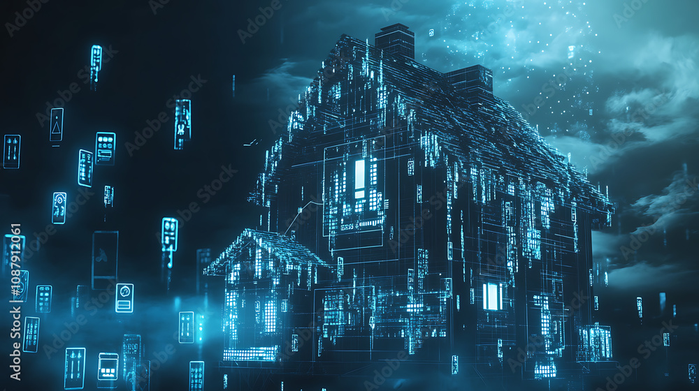 Aufkleber banner concept for a smart home technology system, illustrating a home made of digits connected with