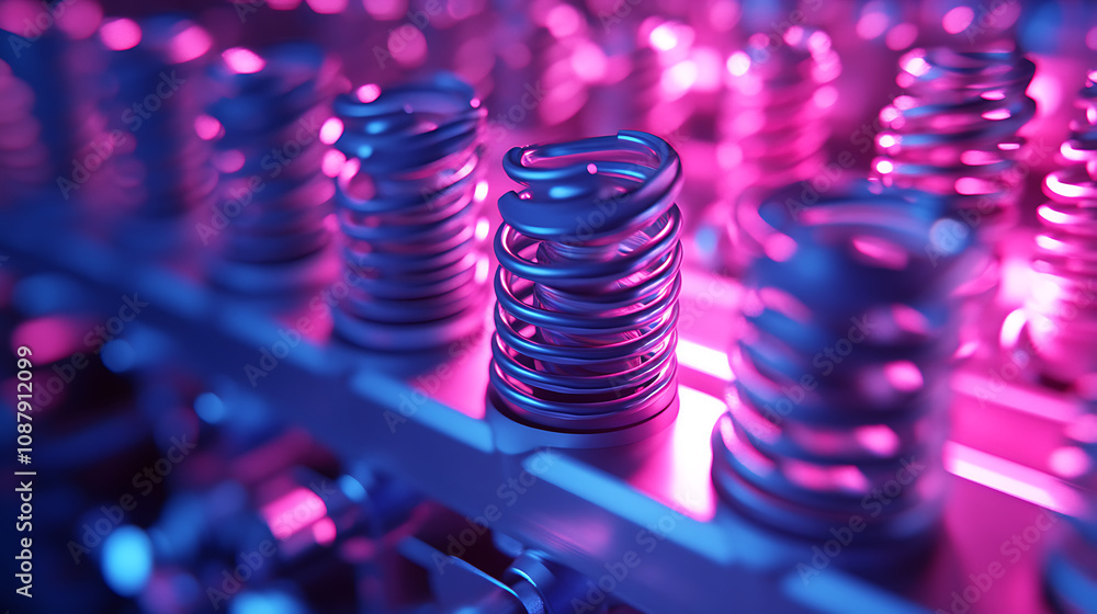 Poster close-up of a coiled metal spring under neon light, focusing on its high strength and elastic proper