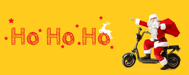 Santa Claus rides electric scooter with bag of gifts on yellow background