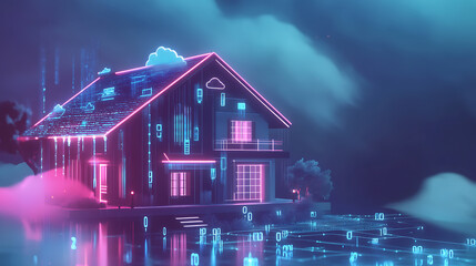 Obraz premium Banner concept for a smart home technology system, illustrating a home made of digits connected with domestic smart devices through cloud storage, highlighting digital control of a smart house