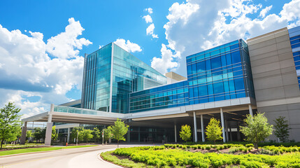 Modern hospital building with glass facade, in the background commercial office buildings with...