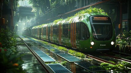 Fototapeta premium Green train in a lush, overgrown urban setting.