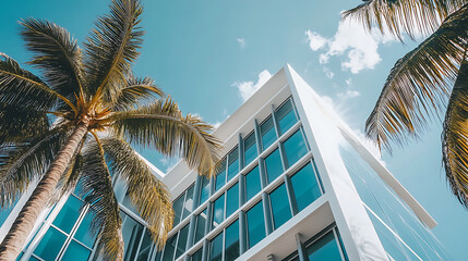 Modern luxury hotel in Miami A white and blue building with glass windows and palm trees