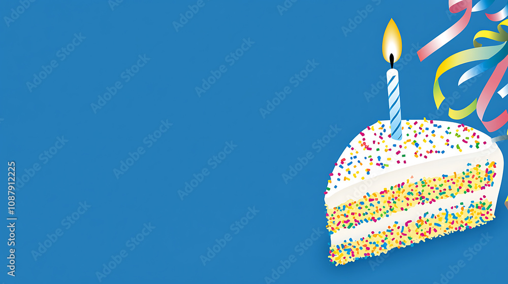 Poster Slice of funfetti cake with one candle and colorful ribbons on top, centered against a blue background Web banner with copyspace