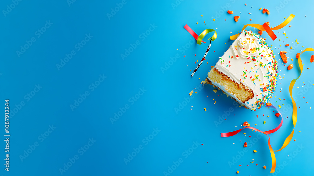 Poster Slice of funfetti cake with one candle and colorful ribbons on top, centered against a blue background Web banner with copyspace