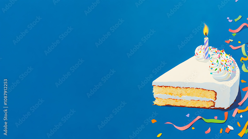 Poster Slice of funfetti cake with one candle and colorful ribbons on top, centered against a blue background Web banner with copyspace
