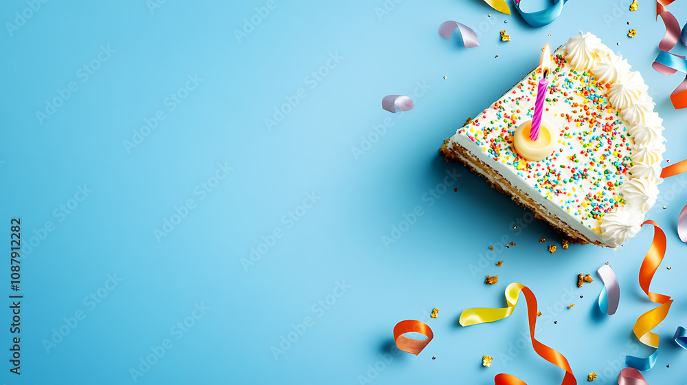 Poster Slice of funfetti cake with one candle and colorful ribbons on top, centered against a blue background Web banner with copyspace
