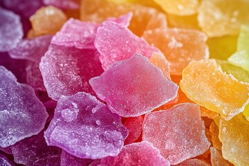 Vibrant freeze dried candy pieces close-up