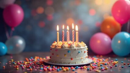 A vibrant birthday cake with sprinkles and candles in a festive setting