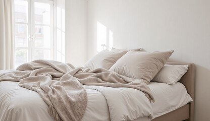 Comfortable bed with soft blankets and cushions in a bright, minimalist bedroom setting.