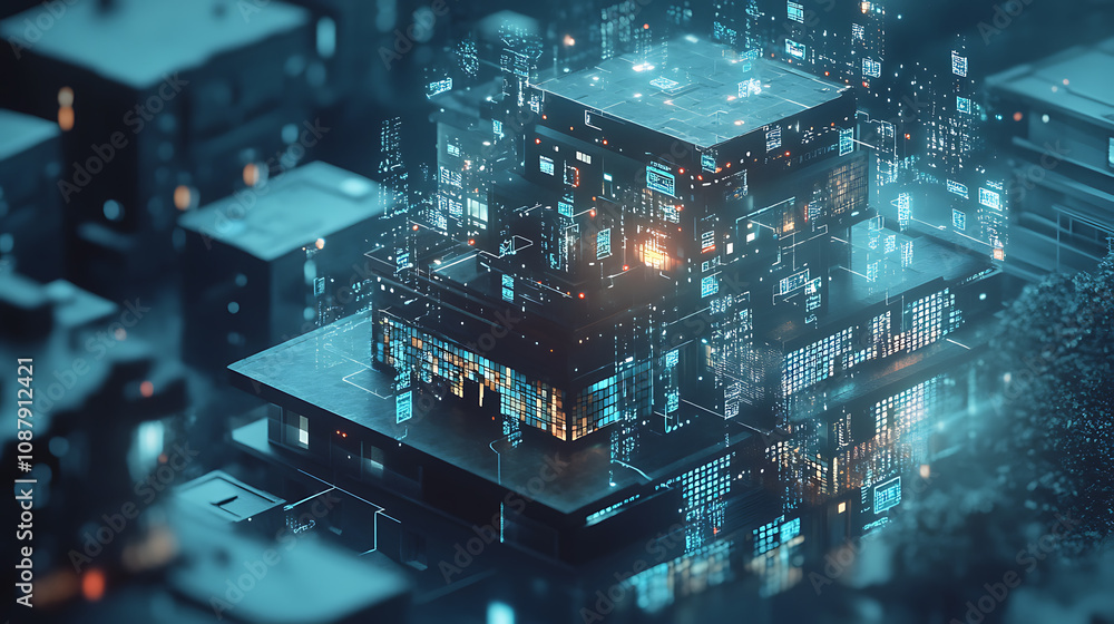Poster conceptual banner for smart home technology, illustrating a building made of digits connected to dom