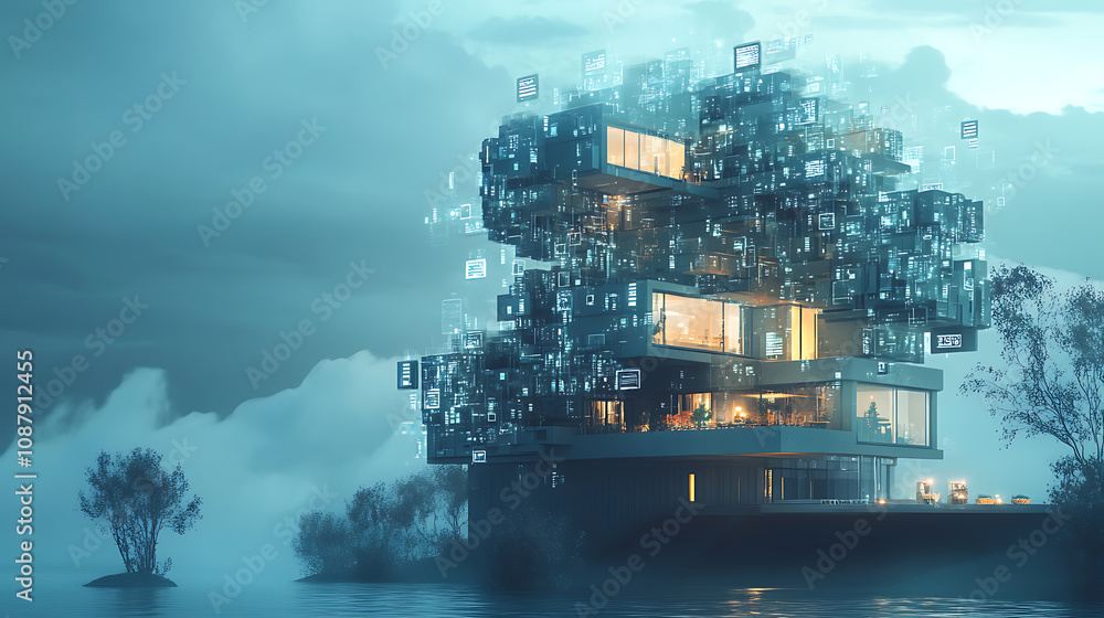 Poster Conceptual banner for smart home technology, illustrating a building made of digits connected to domestic smart devices, emphasizing intelligent house control