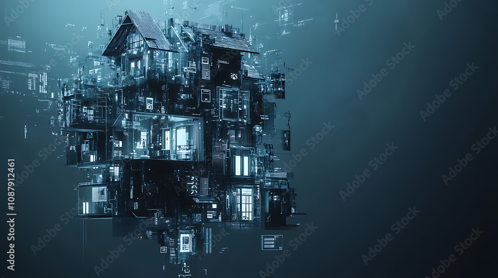 Fototapete conceptual banner for smart home technology, illustrating a building made of digits connected to dom