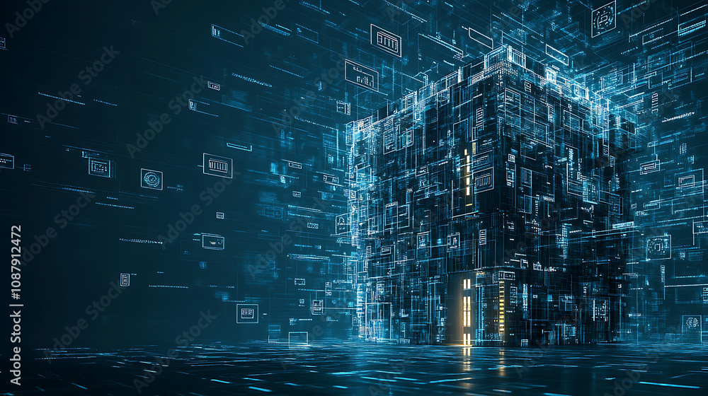 Poster conceptual banner for smart home technology, illustrating a building made of digits connected to dom