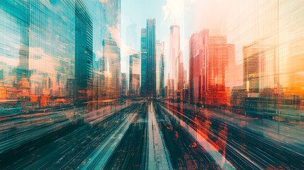 Fototapeta premium Dubai's downtown skyscrapers as a cityscape, The Emirate of Dubai's capital city's contemporary skyline, technology in the concept of transportation, Double exposure