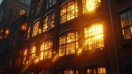 Illuminated brick building at night.