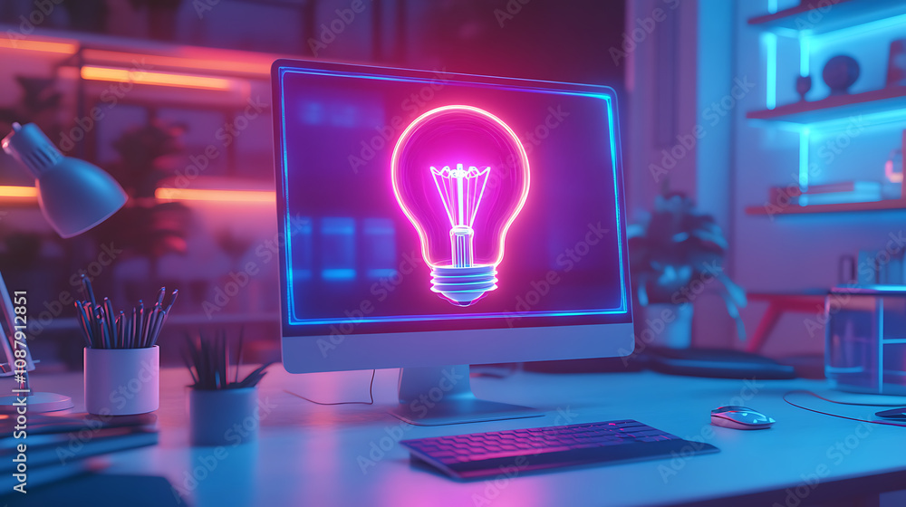 Poster office desktop computer with holographic bulb icon, twofold exposure, notion of a concept