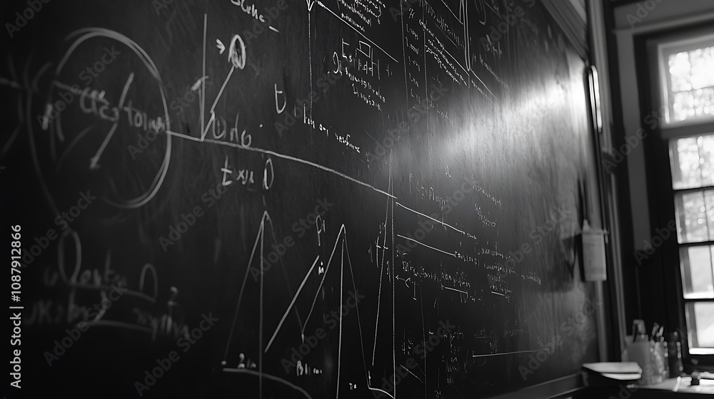 Poster Quantum physics operations and formulas written with chalk on a blackboard