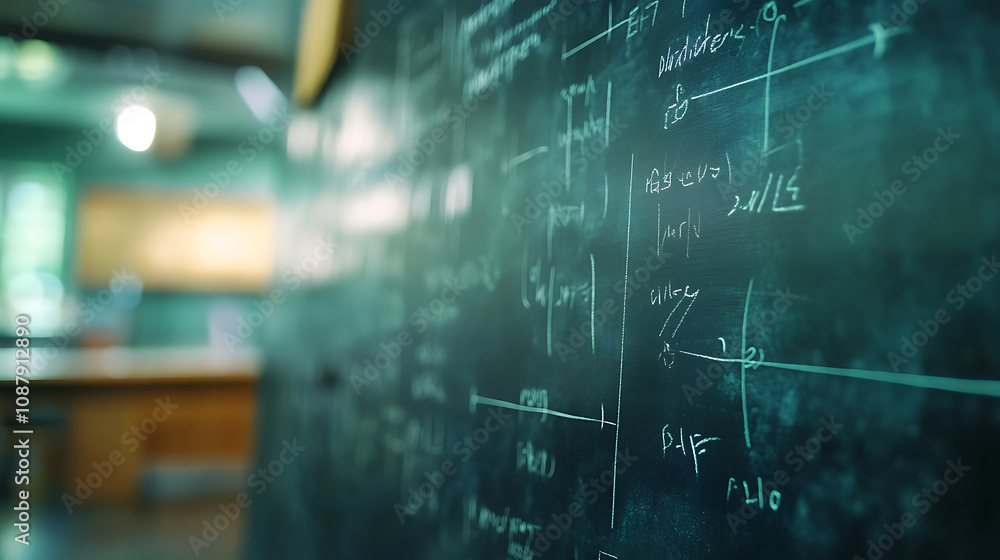 Poster Quantum physics operations and formulas written with chalk on a blackboard