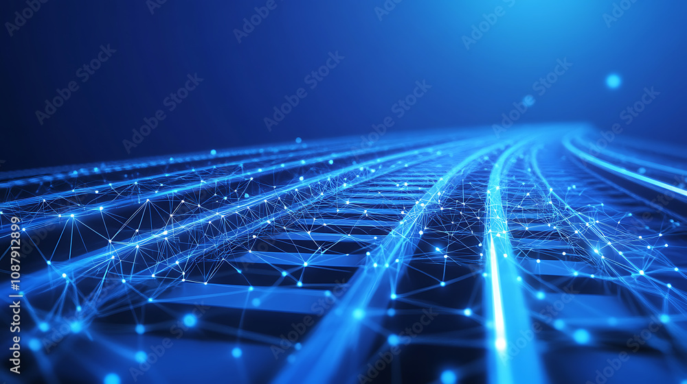 Poster Railway interchange depicted in a low-poly construction shows an empty rail track with interconnected lines and dots on a blue background, emphasizing the technical aspects of rail transportation