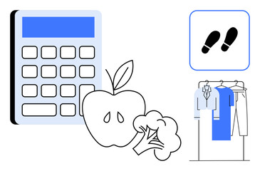 Calculator, apple, and broccoli signify health management footprints for exercise clothes represent everyday life. Ideal for fitness, diet planning, healthy habits, budgeting, wellness programs