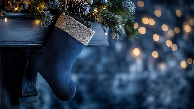 Decorative blue Christmas stocking hanging near a winter-themed mantelpiece with soft lights and festive greenery