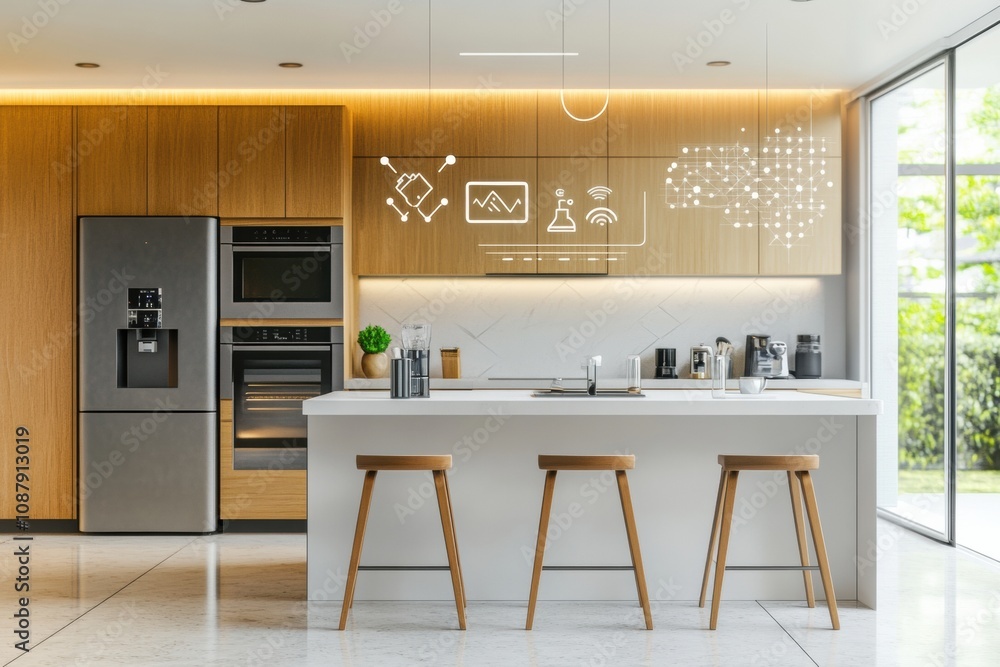 Aufkleber This stylish kitchen features smart appliances and a minimalist design, creating a functional and inviting cooking space for daily activities. Generative AI