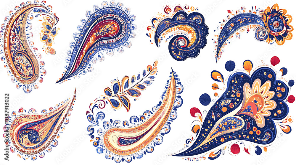 Poster set of intricate paisley border patterns on a white background
