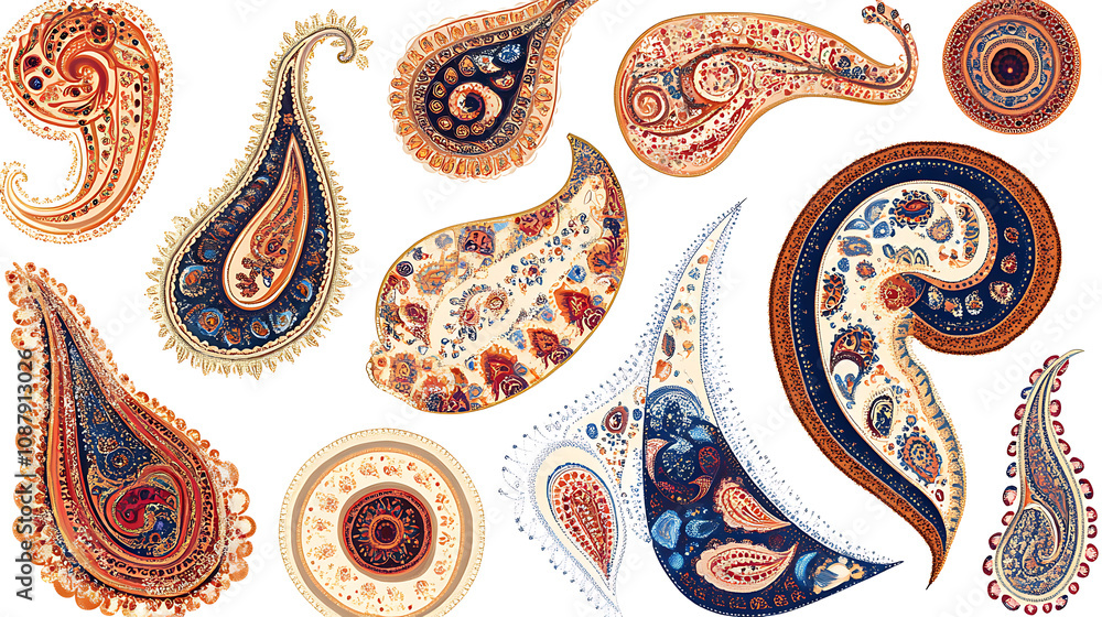 Poster Set of intricate paisley border patterns on a white background
