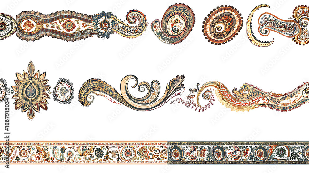 Poster set of intricate paisley border patterns on a white background