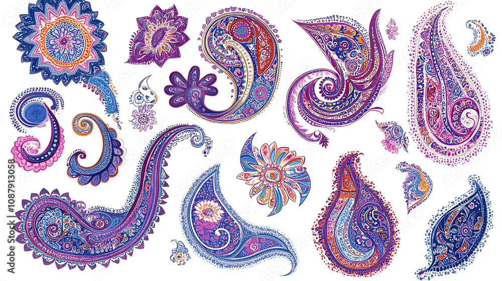 Poster set of intricate paisley border patterns on a white background