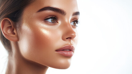 Fototapeta premium Serene beauty portrait of model with captivating side profile on white background