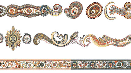Set of intricate paisley border patterns on a white background