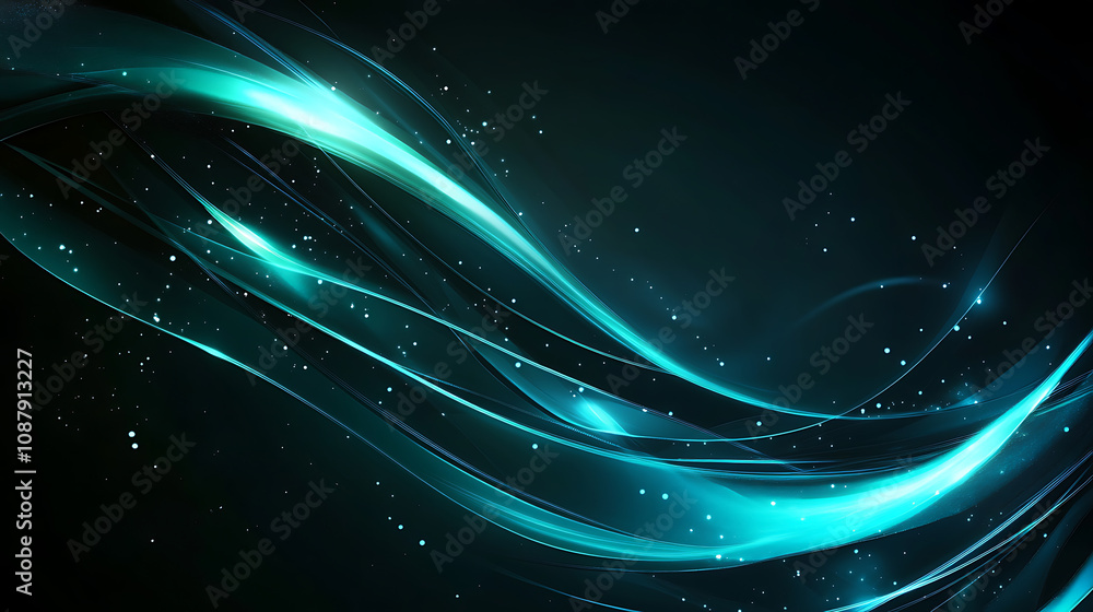 Poster Abstract teal light lines and curves on dark background futuristic technology concept