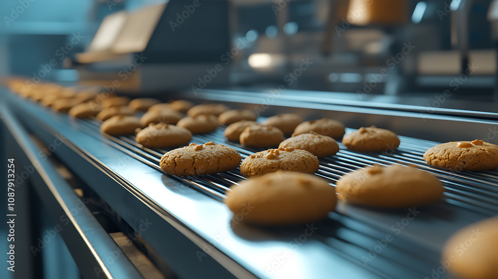 Poster automated production line with conveyor belt making cookies in bakery or confectionery factory