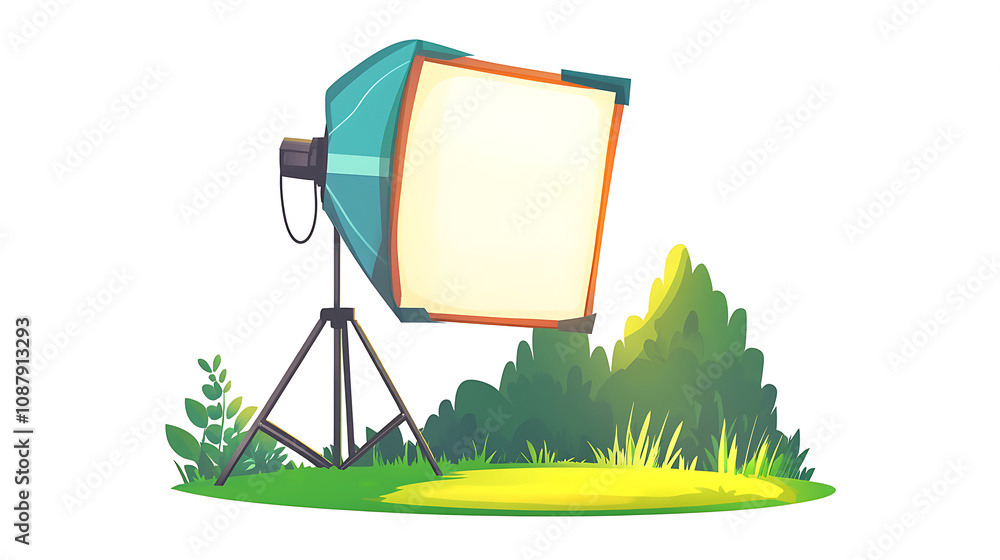 Poster Big softbox with a c-stand that has an isolated white background and a whimsical cartoon illustration style