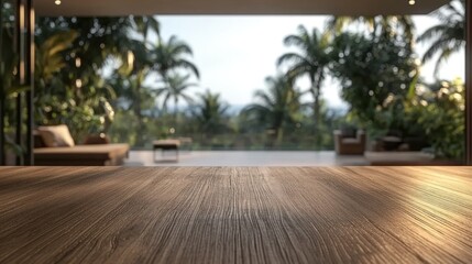 Fototapeta premium Indoor view with wooden table and palm landscape.