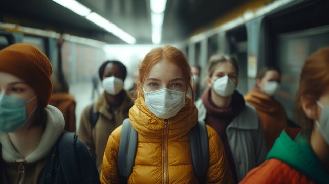 A public health campaign poster , with a diverse group of people of different ages and backgrounds wearing masks and practicing good hygiene