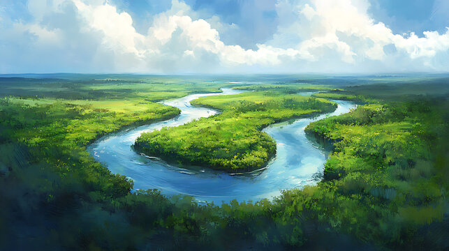 Aerial view of congo river meandering through lush green mangrove swamps digital painting